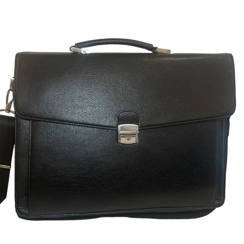Black Leather Detachable Shoulder‎ Strap Briefcase Bag Large Mens Classic